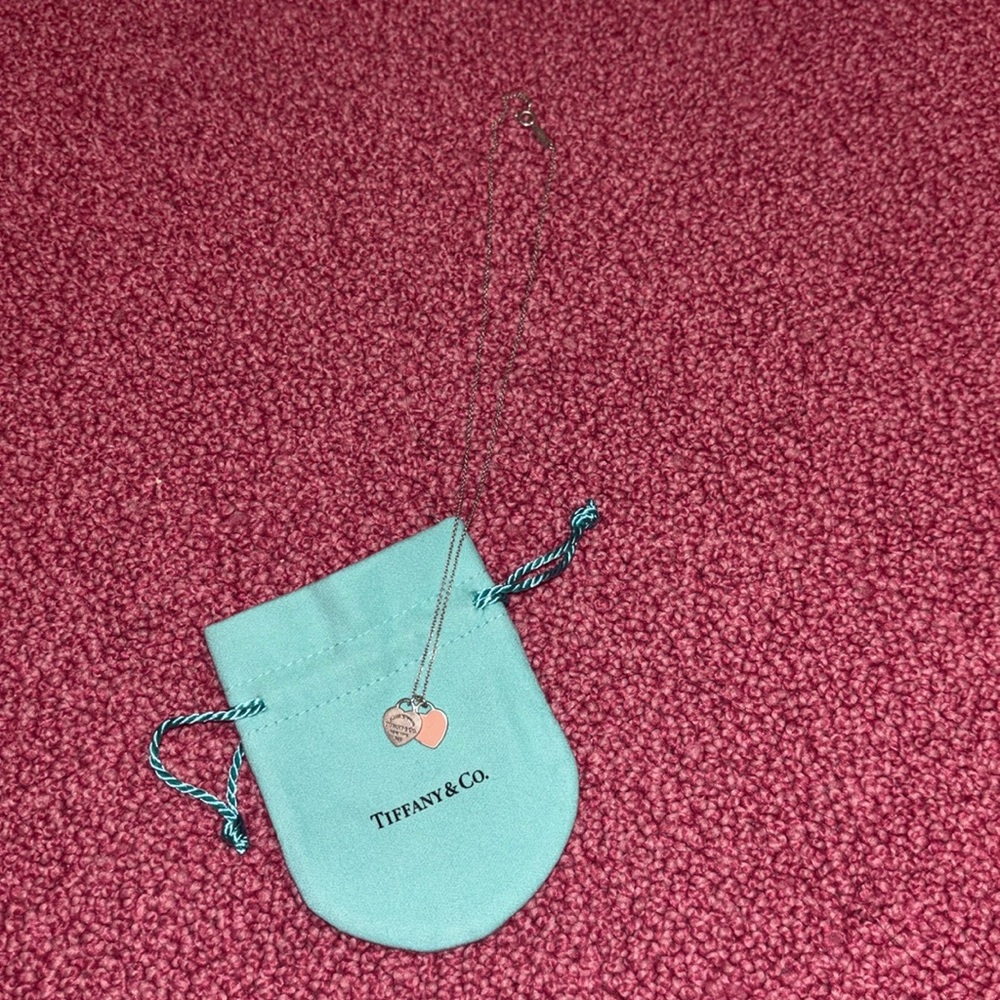 16” silver and pink return to tiffany double heart pendant necklace